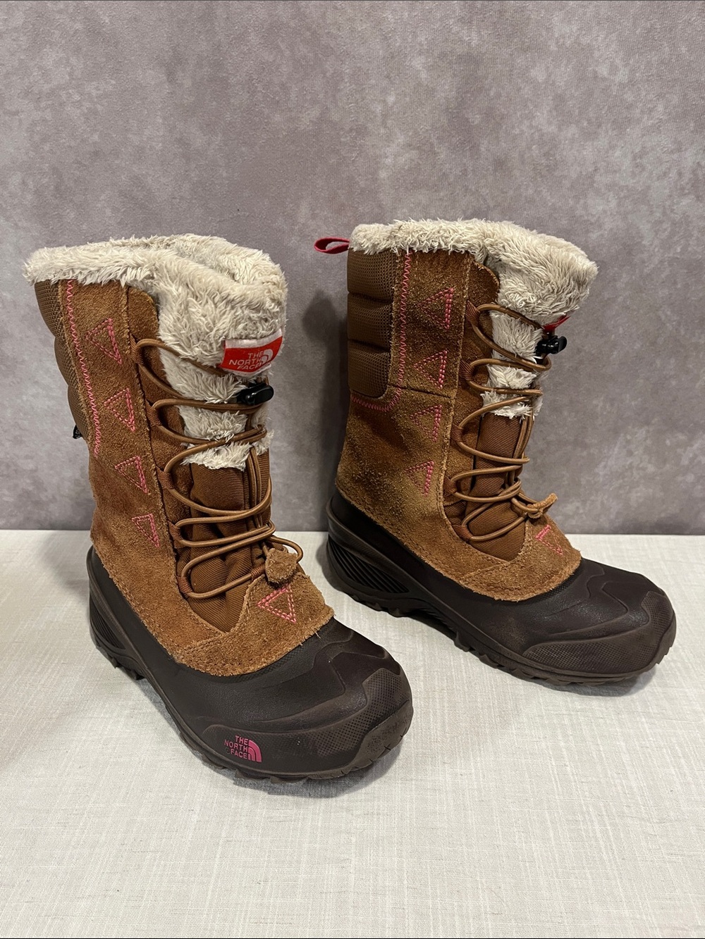 The North Face Brown and Cream Kids Snow Boots with Pink Stitching size 2